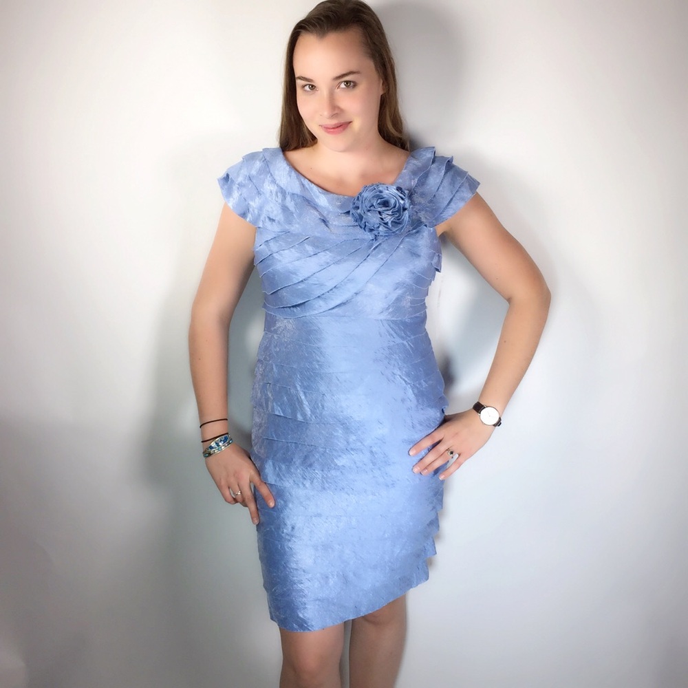Adrianna Papell Blue Asymmetrical Ruched Sheath Dress